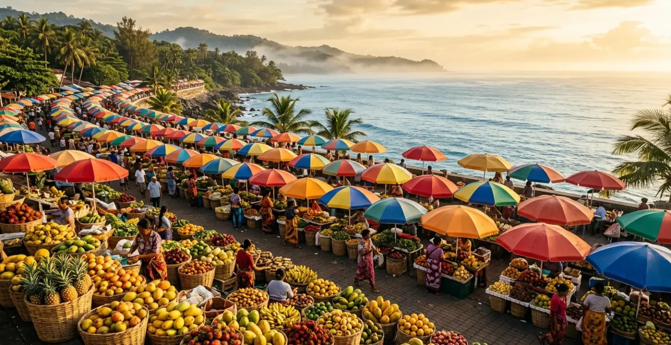 Vue aérienne d'un marché forain tropical avec parasols multicolores et étals de fruits exotiques au bord de mer
