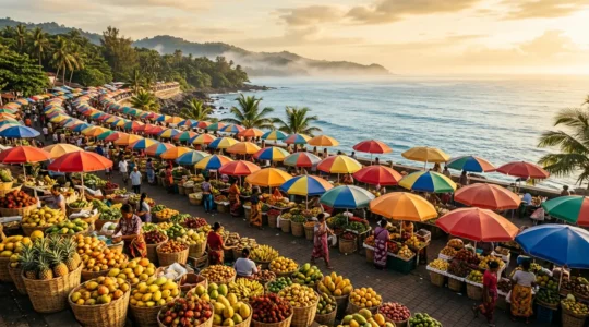 Vue aérienne d'un marché forain tropical avec parasols multicolores et étals de fruits exotiques au bord de mer