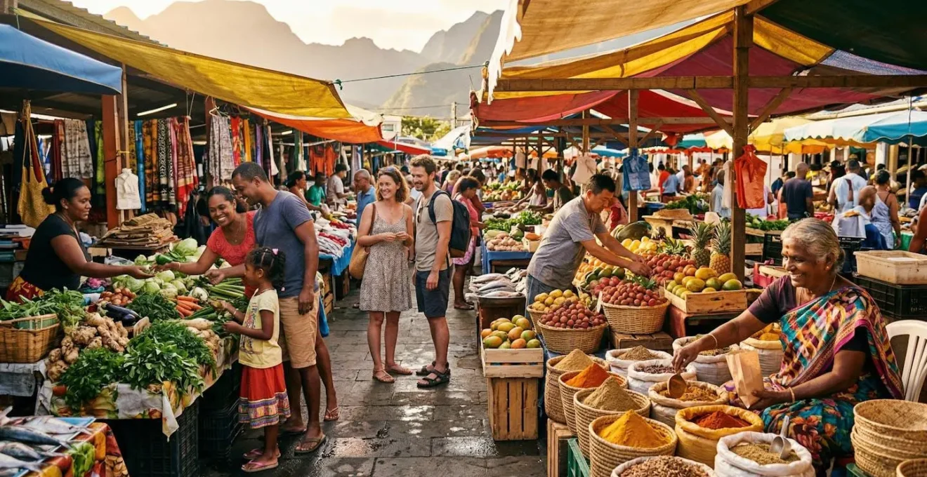 Scène de marché forain réunionnais montrant la diversité culturelle et les interactions entre communautés