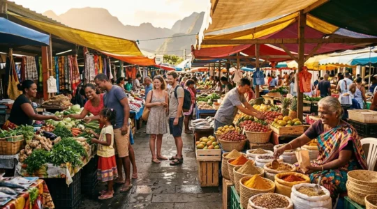 Scène de marché forain réunionnais montrant la diversité culturelle et les interactions entre communautés