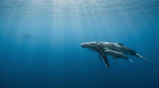 Vue sous-marine d'une baleine à bosse nageant paisiblement avec son baleineau dans des eaux bleues cristallines, observés à distance respectueuse