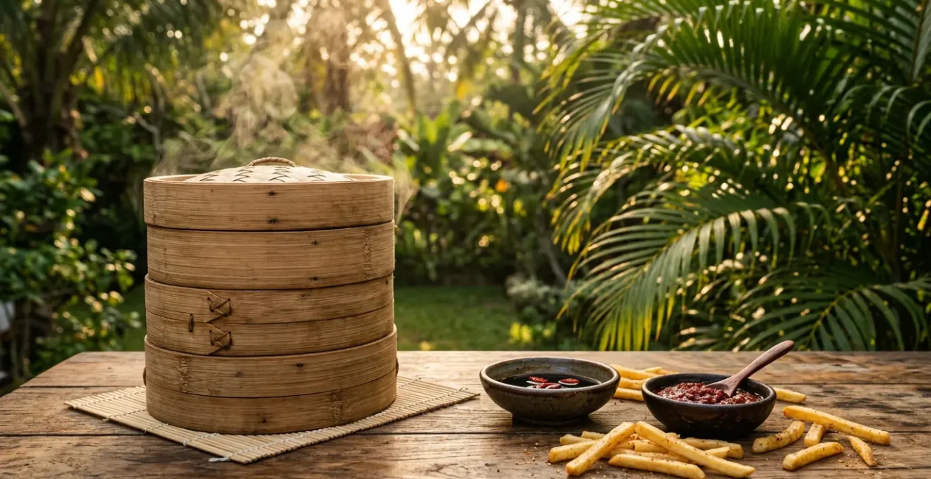 Bouchons réunionnais vapeur sur planche de bambou avec sauce soja et frites dorées