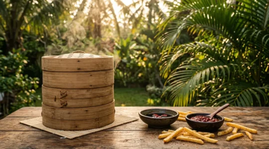 Bouchons réunionnais vapeur sur planche de bambou avec sauce soja et frites dorées