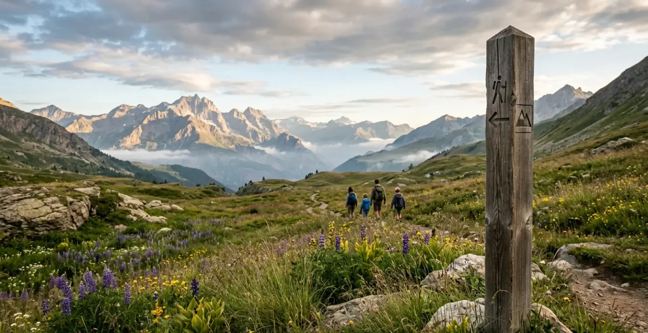 Vue panoramique d'un parc national français montrant les zones protégées avec panneaux de signalisation discrets