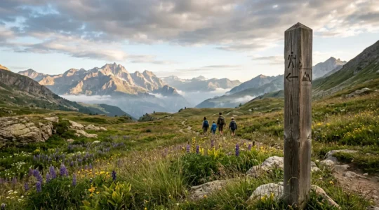 Vue panoramique d'un parc national français montrant les zones protégées avec panneaux de signalisation discrets