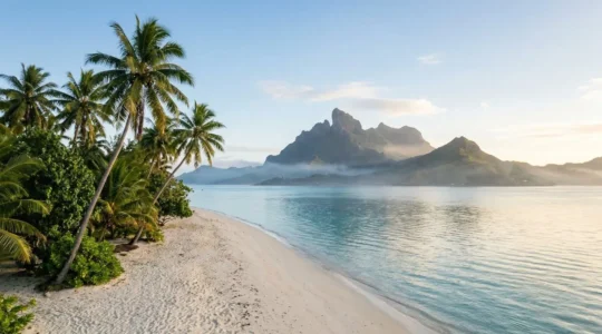 Vue panoramique d'une plage de sable blanc avec lagon turquoise, palmiers et montagne volcanique en arrière-plan sous un ciel azur