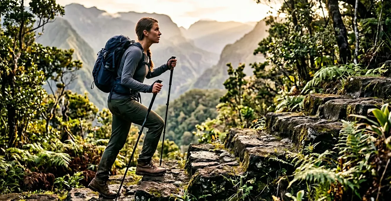 Randonneur s'entraînant sur escalier naturel de roches volcaniques avec vue sur cirque montagneux tropical