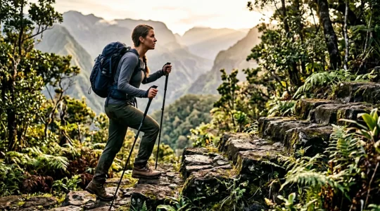 Randonneur s'entraînant sur escalier naturel de roches volcaniques avec vue sur cirque montagneux tropical