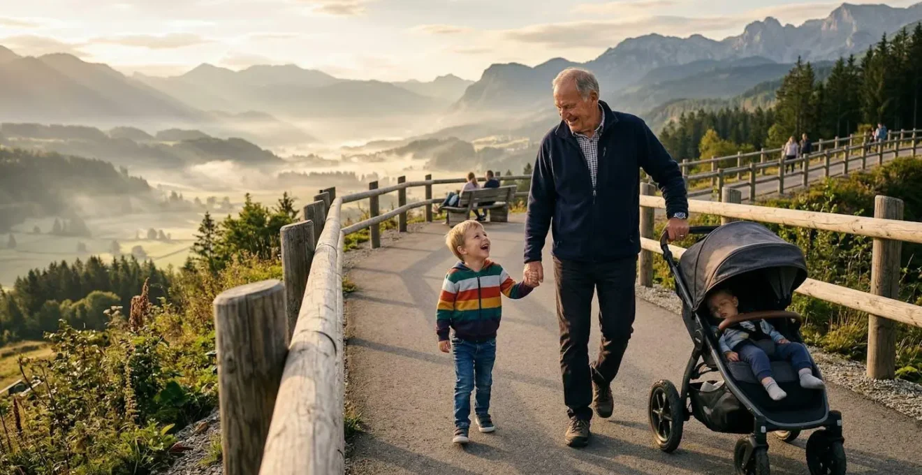 Grand-père tenant la main d'un enfant sur un sentier accessible avec vue panoramique sur vallée verdoyante