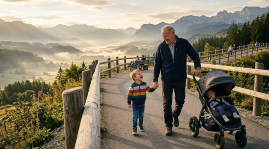 Grand-père tenant la main d'un enfant sur un sentier accessible avec vue panoramique sur vallée verdoyante