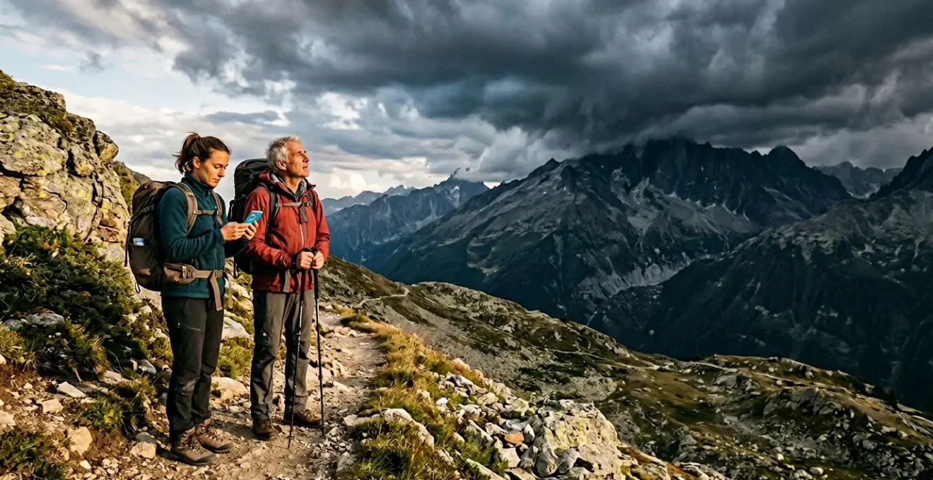 Randonneurs consultant leur téléphone en montagne sous un ciel orageux menaçant