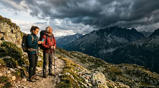 Randonneurs consultant leur téléphone en montagne sous un ciel orageux menaçant