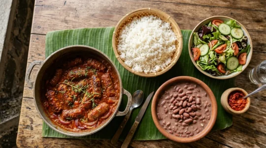 Rougail saucisse fumée servi dans une marmite créole traditionnelle avec riz blanc et grains rouges