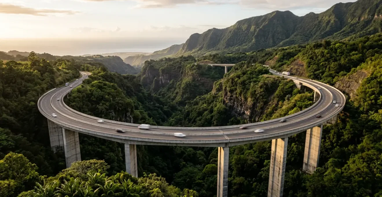 Vue aérienne spectaculaire de la Route des Tamarins à La Réunion avec ses viaducs traversant les ravines verdoyantes