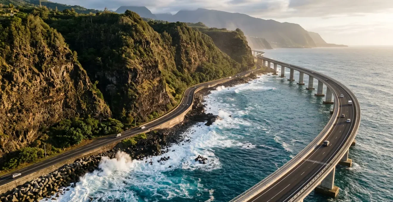 Vue aérienne de la Route du Littoral à La Réunion avec le nouveau viaduc sur mer et les falaises volcaniques