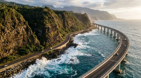 Vue aérienne de la Route du Littoral à La Réunion avec le nouveau viaduc sur mer et les falaises volcaniques