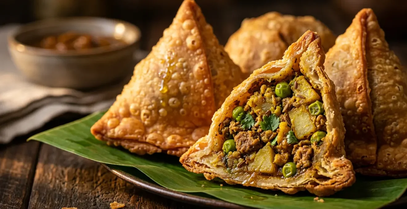 Gros plan sur des samoussas artisanaux dorés avec une coupe transversale révélant une farce colorée aux épices visibles