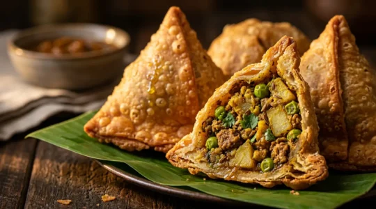 Gros plan sur des samoussas artisanaux dorés avec une coupe transversale révélant une farce colorée aux épices visibles