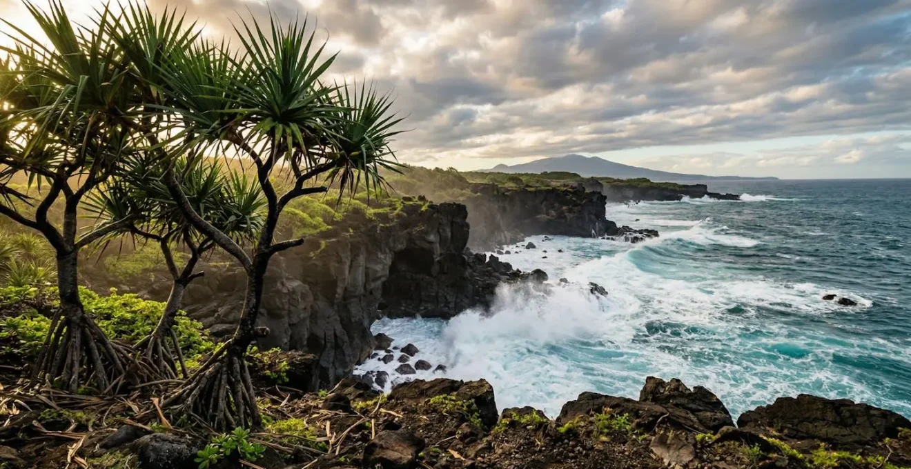 Côte sauvage du Sud de La Réunion avec falaises volcaniques et océan déchaîné
