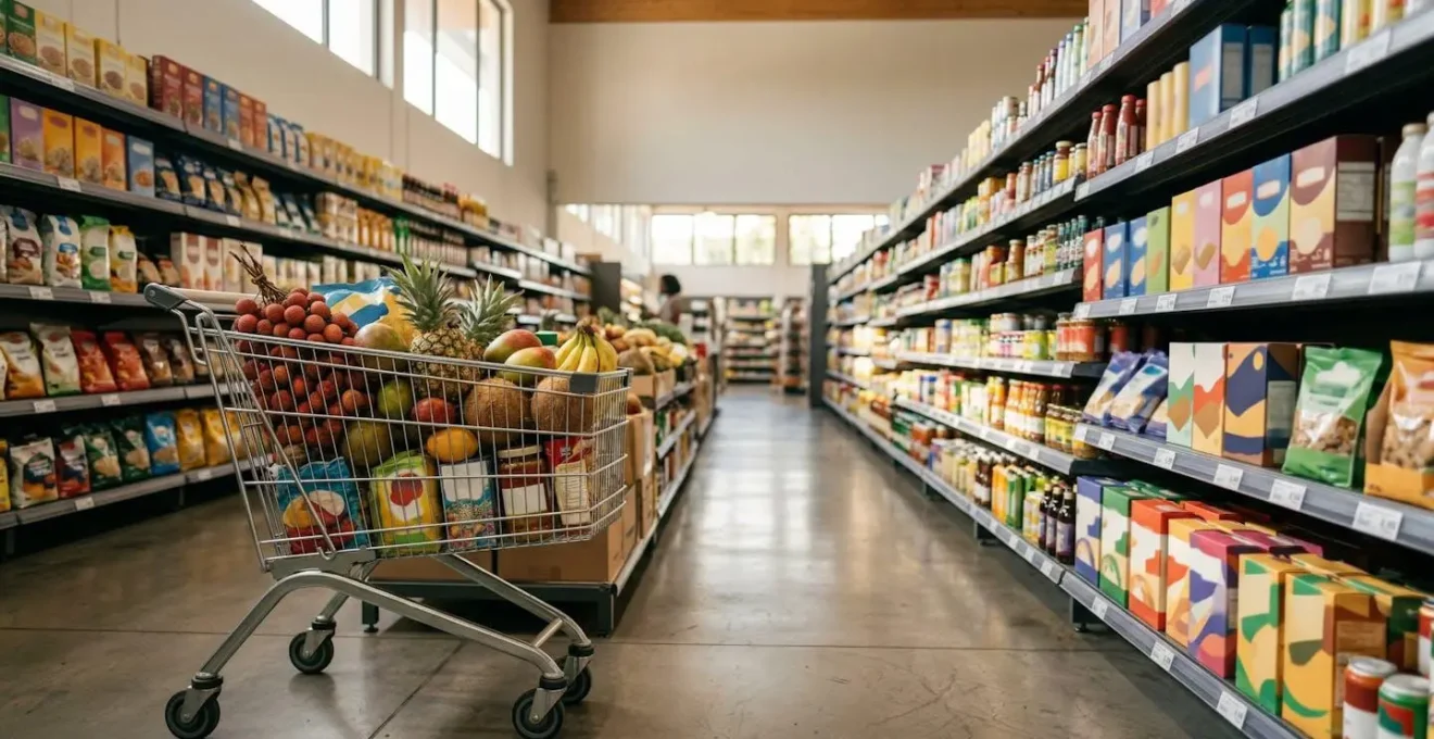 Vue en grand angle d'un chariot rempli de courses dans un supermarché moderne à La Réunion, avec des produits locaux et importés mélangés