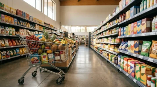 Vue en grand angle d'un chariot rempli de courses dans un supermarché moderne à La Réunion, avec des produits locaux et importés mélangés
