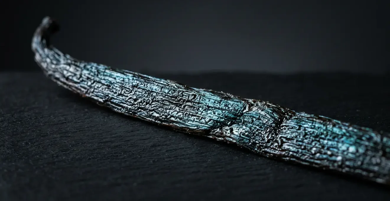 Gros plan sur une gousse de vanille bleue avec ses reflets irisés caractéristiques sur fond minimaliste