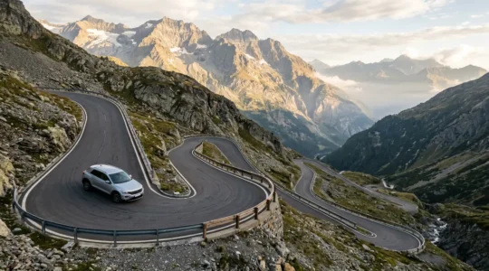 Voiture compacte moderne négociant un virage en montagne avec pente raide et paysage spectaculaire