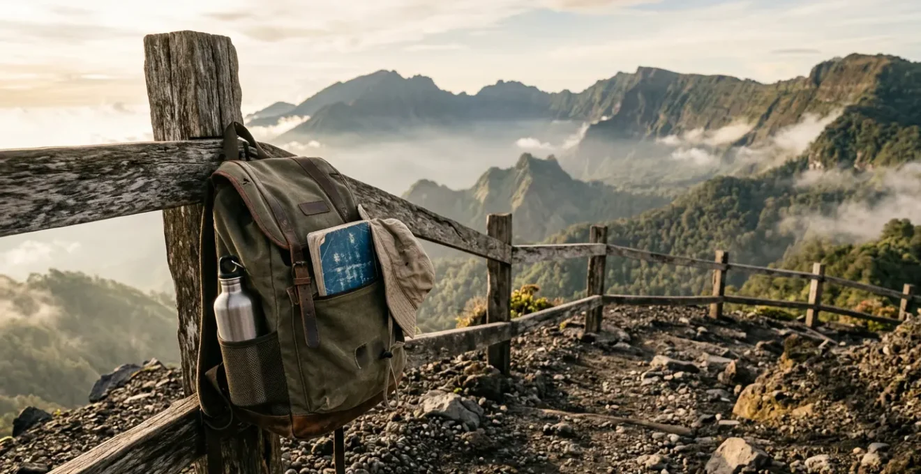 Voyageur consultant une liste de préparatifs pratiques avec vue sur paysage tropical