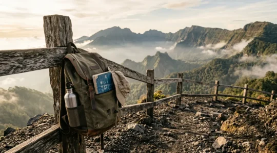 Voyageur consultant une liste de préparatifs pratiques avec vue sur paysage tropical