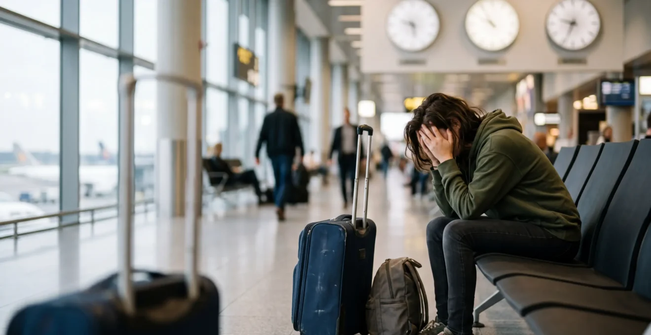 Voyageur fatigué avec plusieurs montres dans un terminal d'aéroport moderne