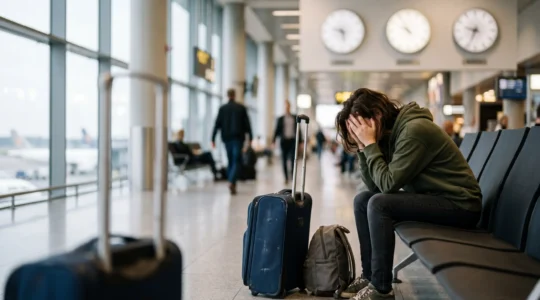 Voyageur fatigué avec plusieurs montres dans un terminal d'aéroport moderne