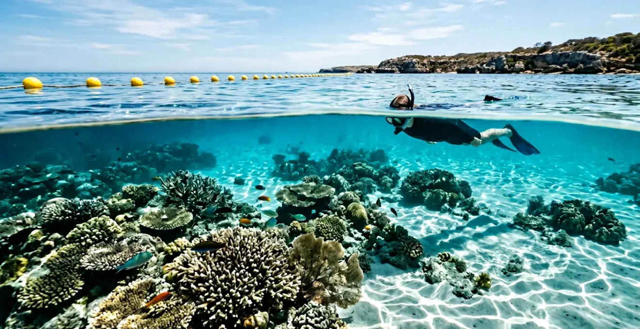 Plongeur observant des coraux près de balises jaunes délimitant une zone marine protégée