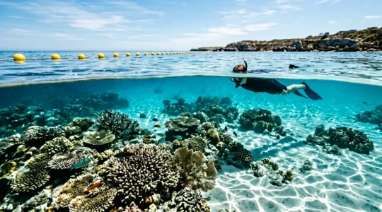 Plongeur observant des coraux près de balises jaunes délimitant une zone marine protégée