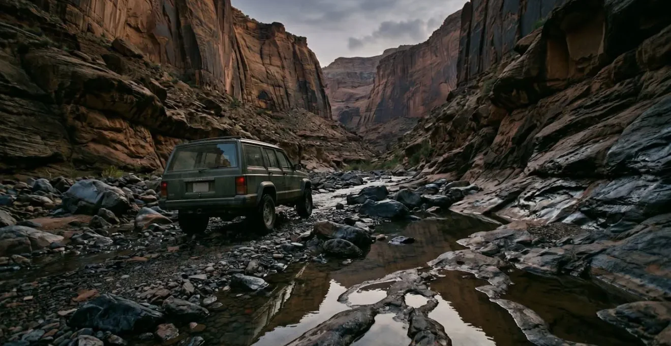 Véhicule 4x4 traversant le lit de la rivière des Galets vers Mafate