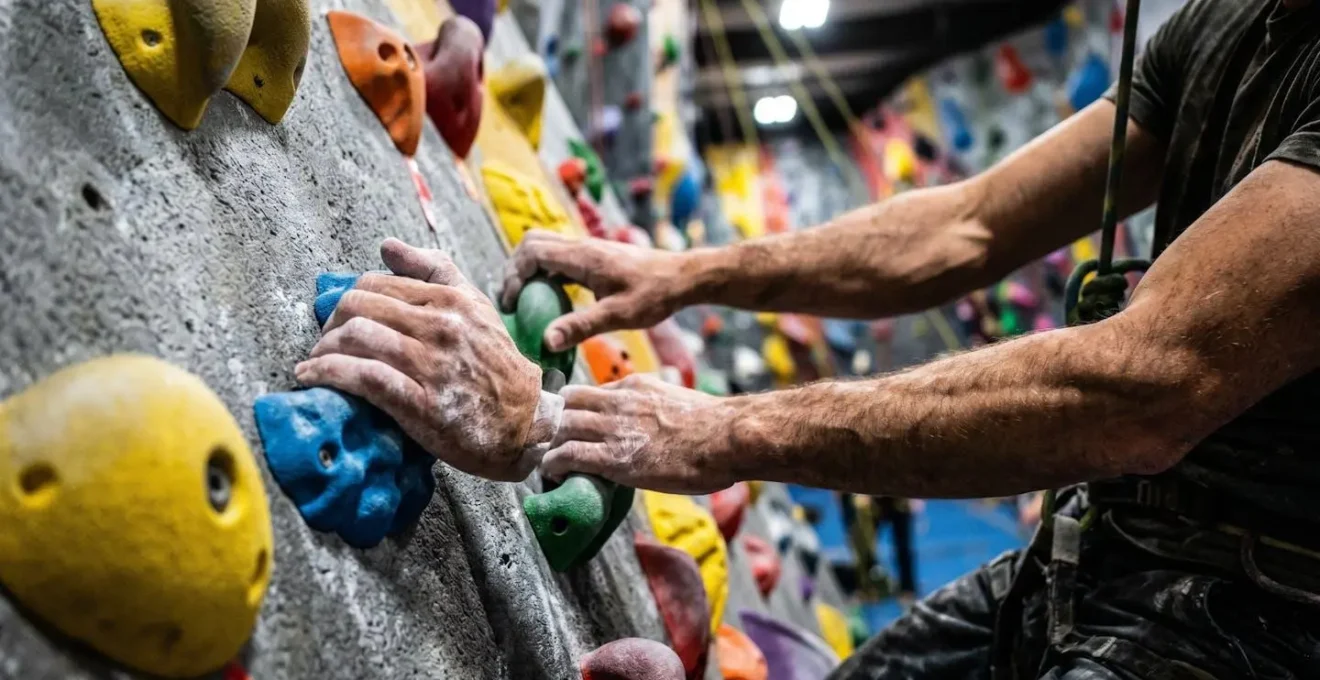Les mains d'un grimpeur couvertes de magnésie s'agrippent à des prises d'escalade colorées dans une salle de bloc, symbolisant l'adaptation et la recherche d'alternatives sportives en intérieur.
