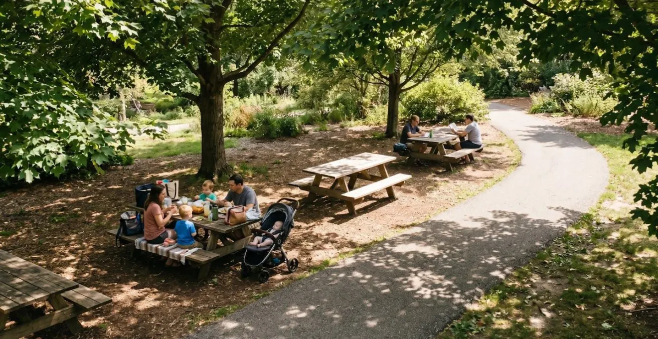 Vue aérienne d'une aire de pique-nique sous arbres avec tables et espaces dégagés