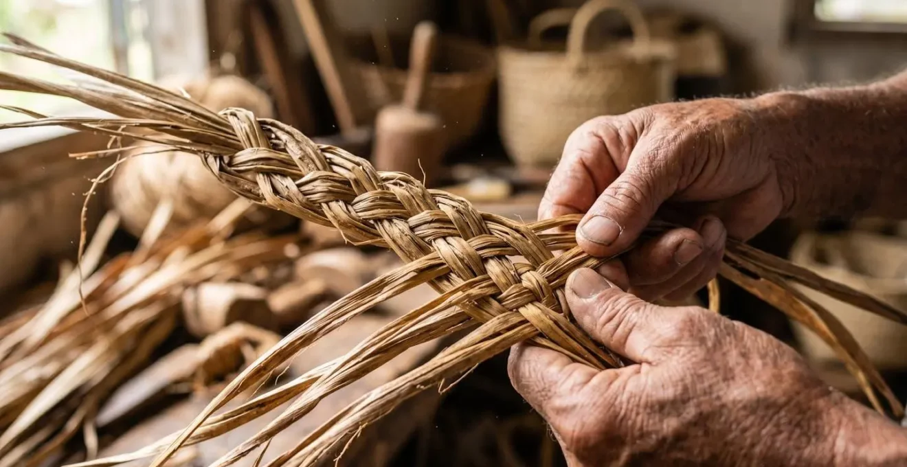 Mains d'artisan tressant minutieusement des feuilles de vacoa séchées
