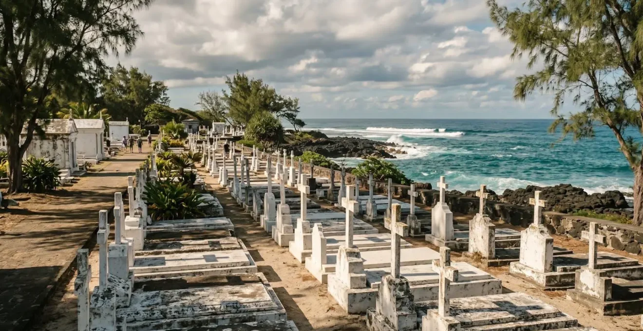 Vue panoramique du cimetière marin de Saint-Paul avec ses tombes blanches face à l'océan sous un ciel d'après-midi