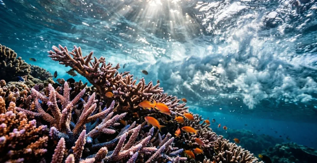 Vue sous-marine de la barrière de corail protégeant le lagon avec vagues se brisant au-dessus