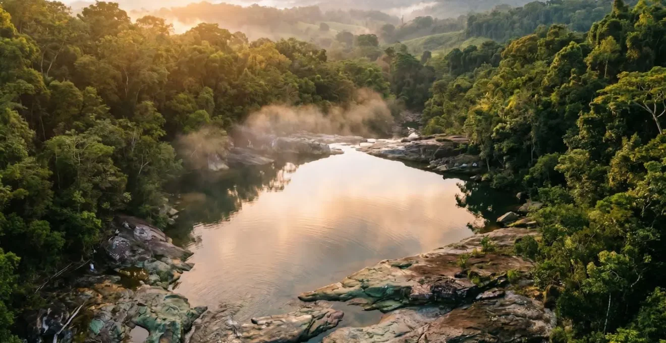 Bassin naturel au lever du soleil avec eau calme et lumière dorée rasante