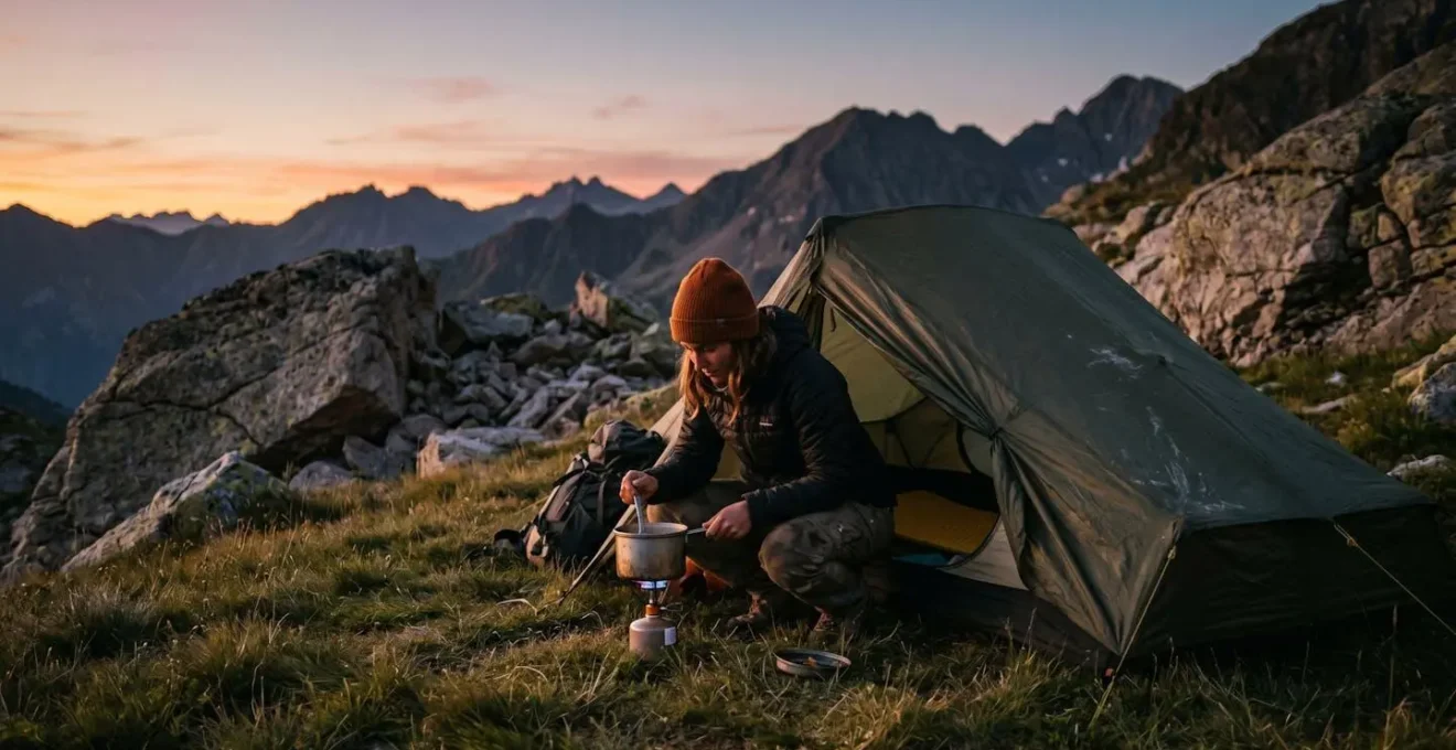 Petit campement de bivouac au crépuscule dans un parc national montagnard avec tente compacte