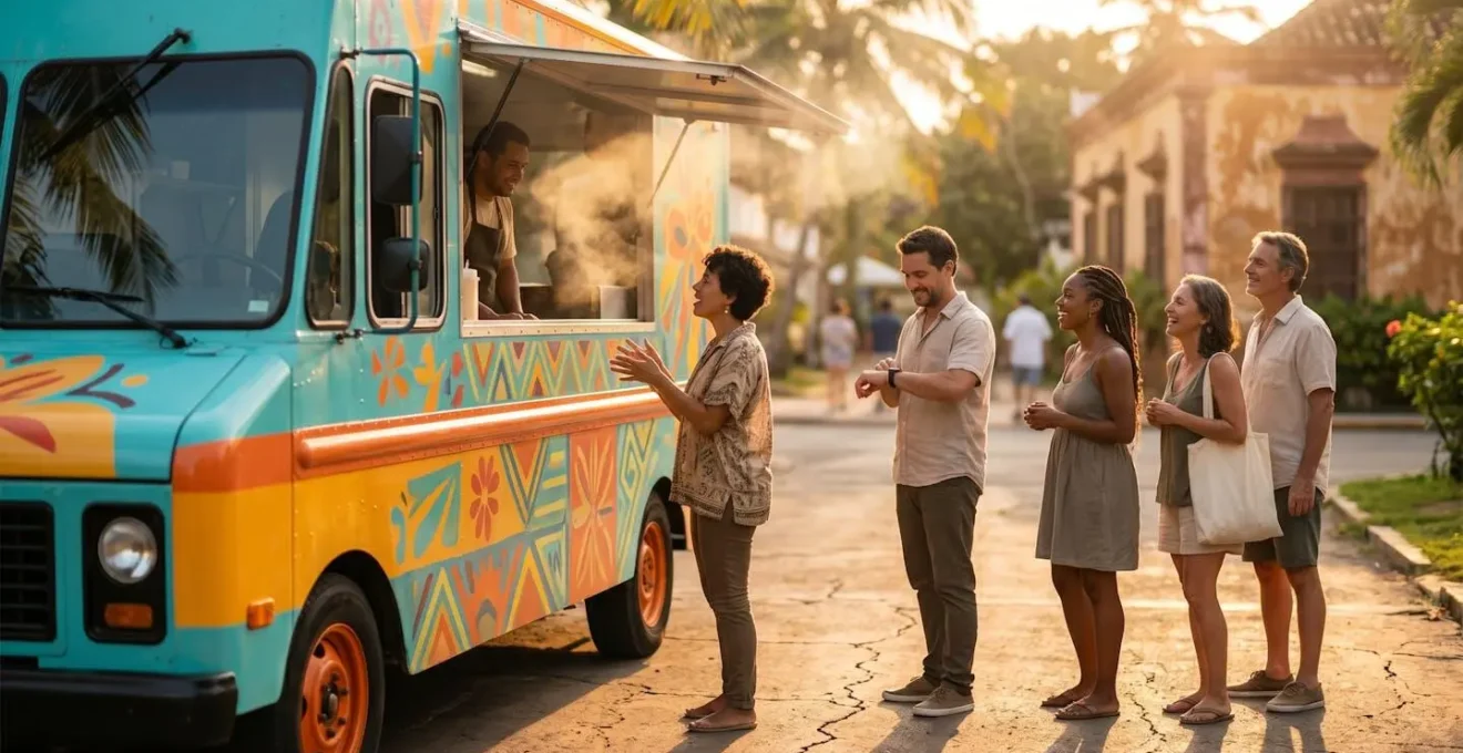Camion-bar coloré avec clients faisant la queue dans une rue tropicale