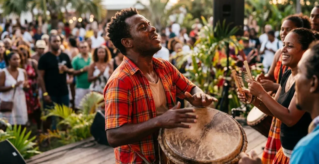 Célébration traditionnelle du 20 décembre avec musiciens jouant du maloya
