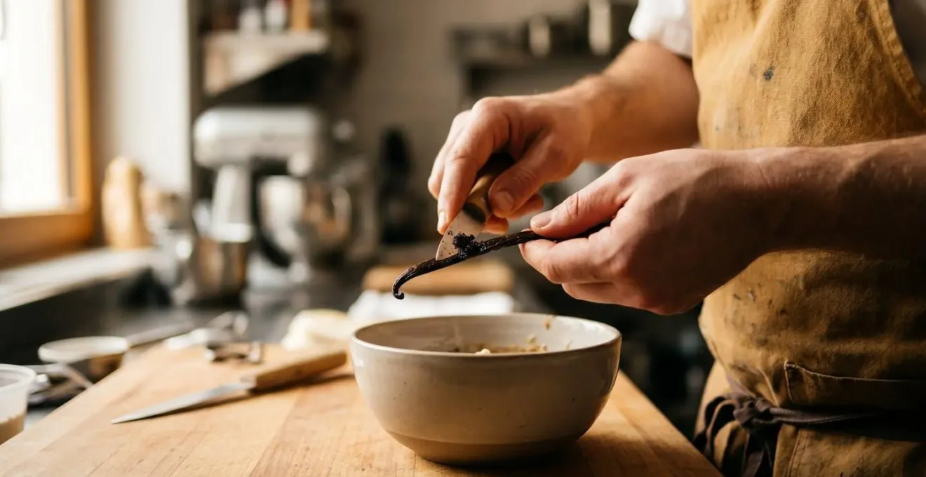 Mains de chef pâtissier préparant délicatement une gousse de vanille bleue dans un environnement de cuisine professionnelle
