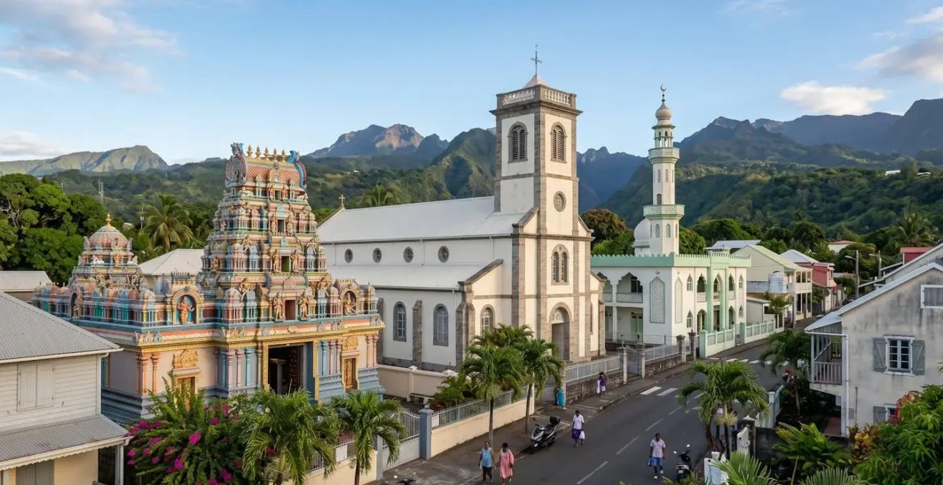 Vue panoramique montrant la proximité d'un temple tamoul coloré, d'une église et d'une mosquée dans une rue de Saint-Pierre