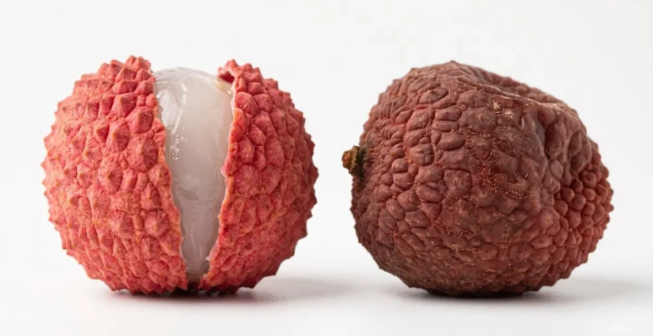 Comparaison visuelle entre litchis frais et décongelés montrant les différences de texture