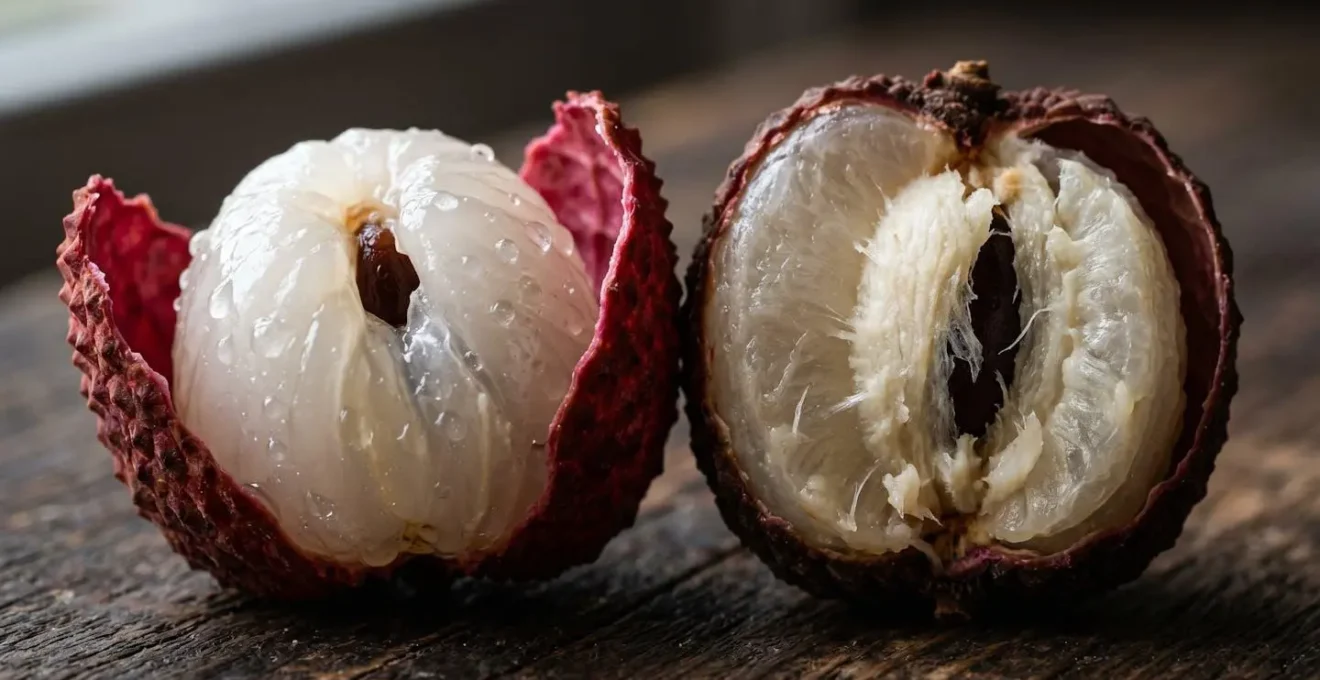 Gros plan macro sur deux litchis ouverts montrant la différence de texture et de jutosité