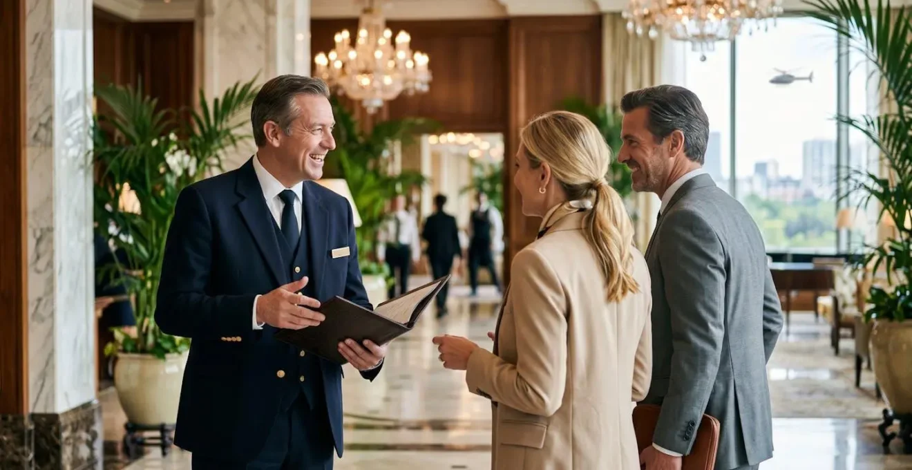 Concierge en costume élégant consultant une tablette dans un lobby d'hôtel luxueux