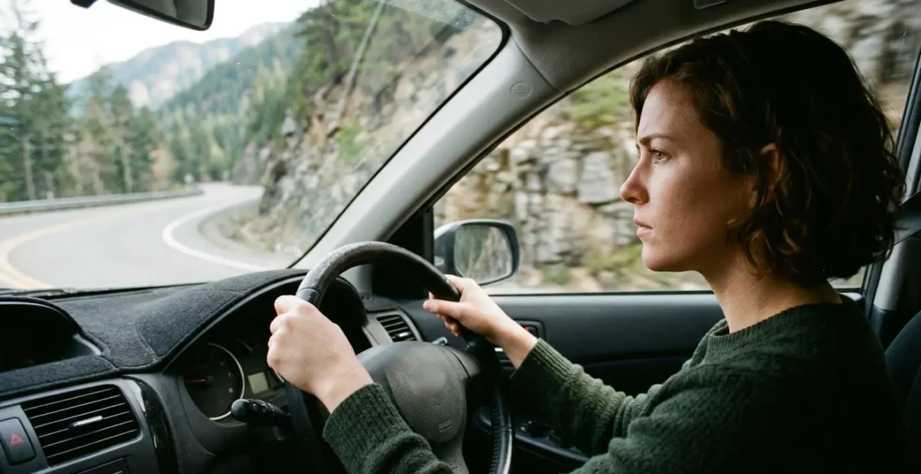 Conducteur adoptant la technique du regard lointain dans un virage de montagne