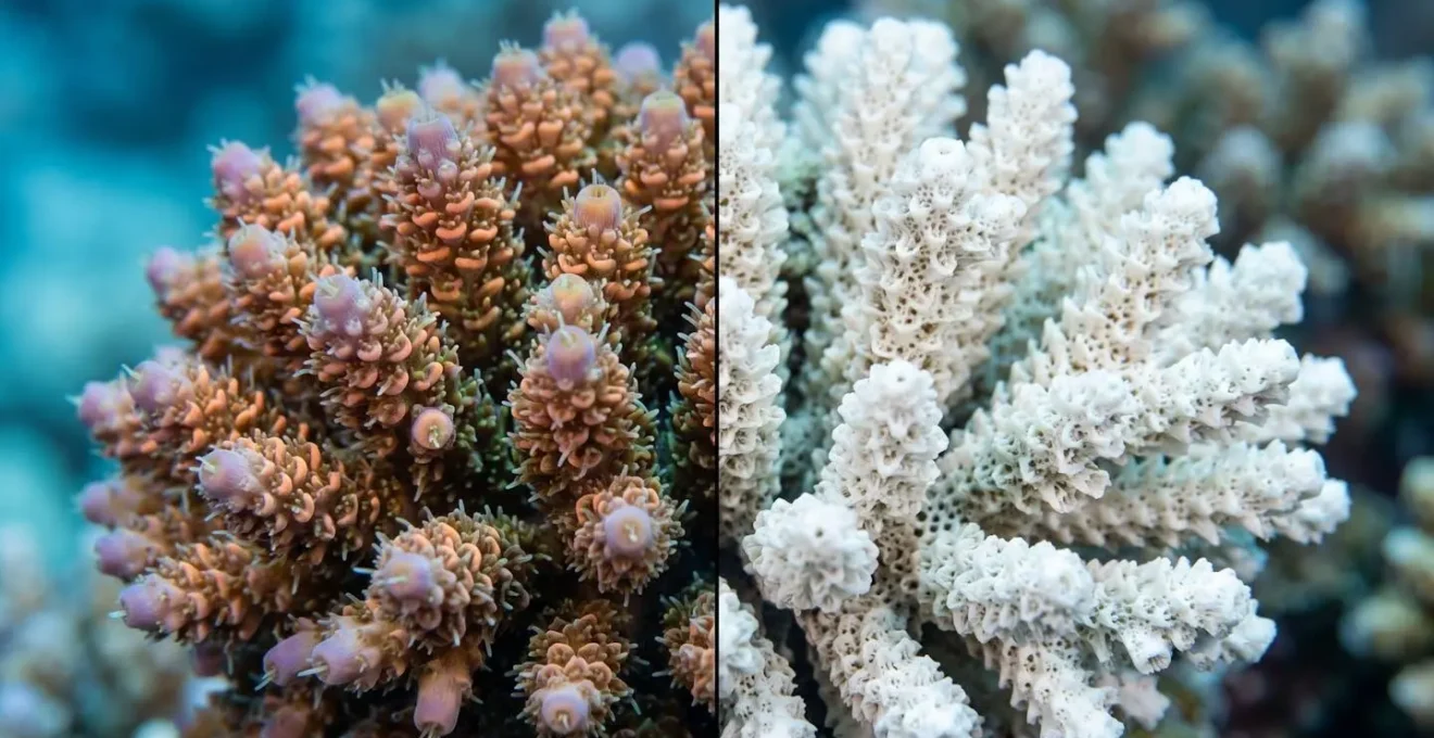 Comparaison visuelle entre corail sain et corail blanchi par les filtres chimiques